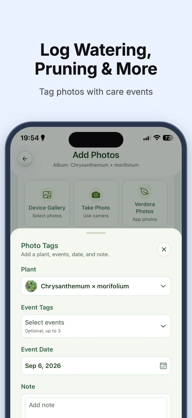 Verdora photo tags for watering, pruning, and other care events